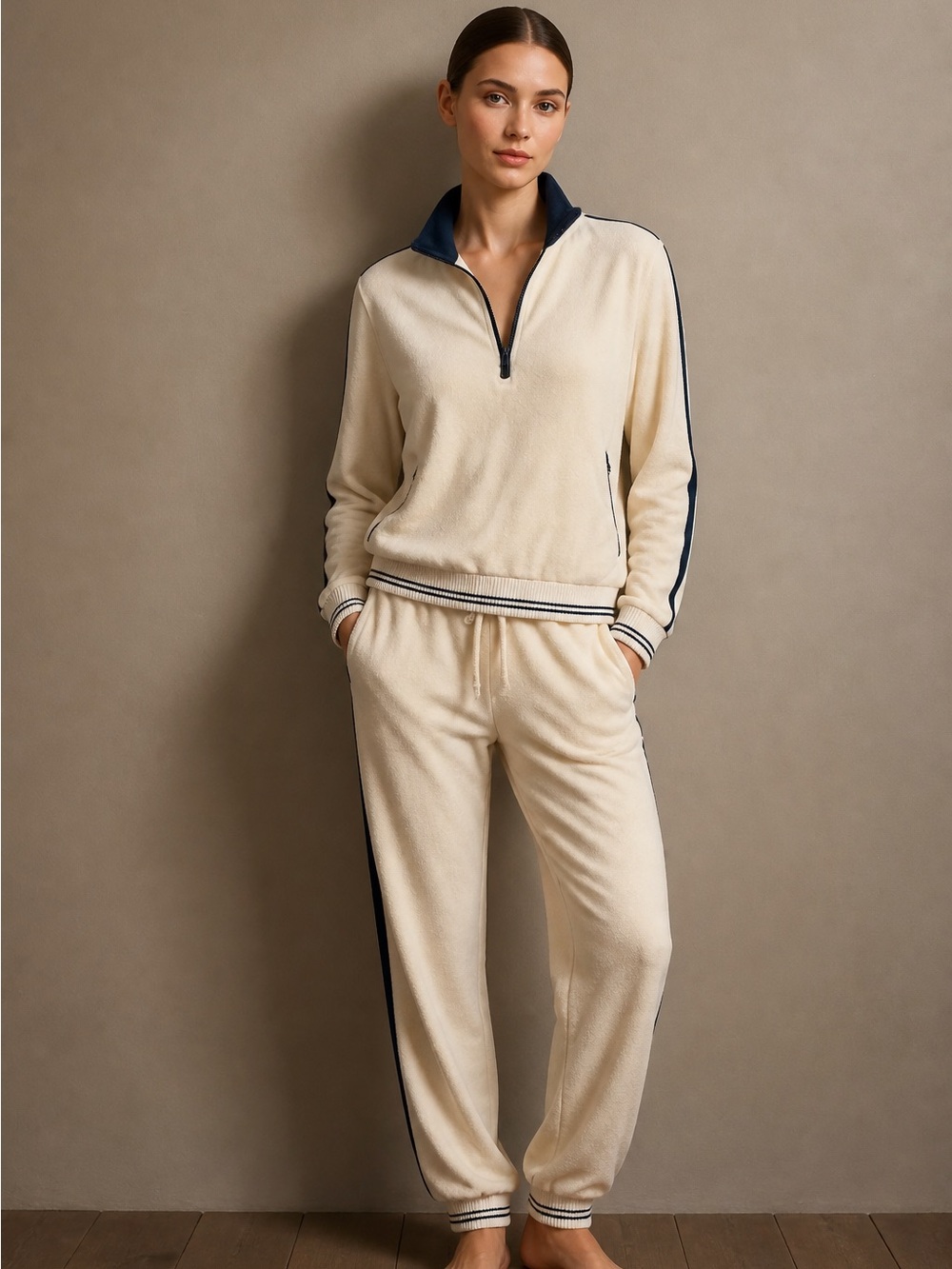 Faherty Velour Sweatsuit Jogger Set Pullover Drawstring Waist 1/4 Zip Women XS